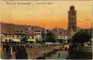 1905 Nagyszeben, Hermannstadt, Sibiu; Kleiner Ring mit Ratturm / Kis piac, Várostorony, Nádasdy, Jickeli üzlete / market, city tower, shops (EK)