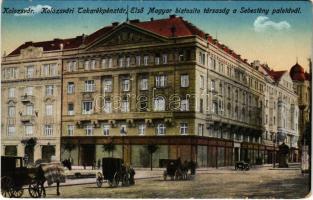 Kolozsvár, Cluj; Takarékpénztár és Első Magyar Biztósító Társaság a Sebestyén palotával / savings bank, insurance company, palace (kopott sarkak / worn corners)