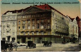 Kolozsvár, Cluj; Takarékpénztár és Első Magyar Biztósító Társaság a Sebestyén palotával / savings bank, insurance company, palace (kopott sarkak / worn corners)