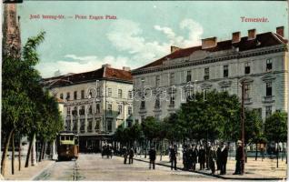 1911 Temesvár, Timisoara; Jenő herceg tér, villamos, üzletek. Tóth Béla kiadása / Prinz Eugen-Platz / square, tram, shops (EK)