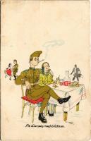 Az ellenség meghódítás Humoros magyar katonai művészlap / Hungarian military art postcard, soldier with lady, humour (EB)