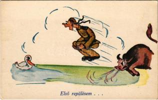 "Első repülésem..." Humoros magyar katonai művészlap / Hungarian military art postcard, humour (EK)