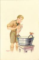 A cserkész híven teljesíti kötelességét. A Magyar Cserkészszövetség kiadása / Hungarian boy scout art postcard s: Márton L.