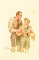 A cserkész készségesen engedelmeskedik. A Magyar Cserkészszövetség kiadása / Hungarian boy scout art postcard s: Márton L.