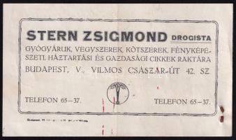 Stern Zsigmond drogista (gyógyáruk, vegyszerek, kötszerek, stb.) Bp. V. Vilmos császár út reklámcédula