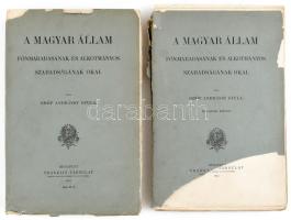 Andrássy Gyula, gróf: A magyar állam fönmaradásának és alkotmányos szabadságának okai. I-II. köt. Bp., 1901-1905, Franklin-Társulat, IV+445 p., (4)+270 p. Kiadói papírkötés, sérült állapotban, szakadásokkal, a borítón hiánnyal.