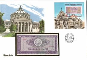 Románia 1966. 10L dekoratív, nagyalakú bélyeges, bankjegyes borítékon, bélyegblokkal T:I