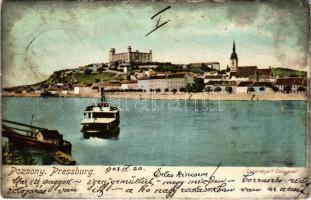 1903 Pozsony, Pressburg, Bratislava; Duna rakpart, ingahajó, vár. Ottmar Zieher / Donauquai / Danube quay, castle, shuttle steamship (EK)