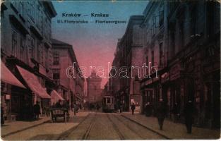Kraków, Krakkó, Krakau; Ul. Floryanska / Florianergasse / street, tram, shops