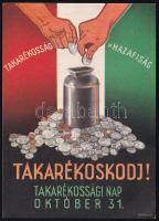 cca 1930-1940 Takarékoskodj! Takarékosság = hazafiság, kétoldalas, illusztrált reklámlap, Gönczi-Gebhardt Tibor (1902-1994) grafikája, jó állapotban, 13,5×9,5 cm