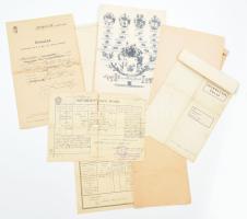 cca 1900-1940 Családtörténeti tétel: egy mappányi vegyes családfa, halotti értesítő, anyakönyvi kivonat