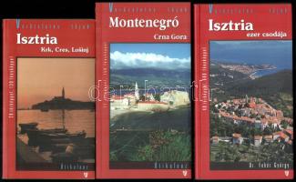 3 db útikönyv a varászlatos tájak sorozatból: Isztria (Krk, Cres, Losinj); Monenegró (Crna Gora), Isztria ezer csodája. Bp., 2003-2008, Hibernia. Kiadói papírkötés.