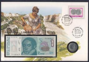 Argentína 1957. 1P + 1985. 1A dekoratív, nagyalakú bélyeges, érmés-bankjegyes borítékon T:I