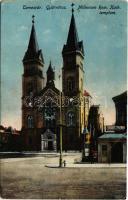 1918 Temesvár, Timisoara; Gyárváros, Millenium Római katolikus templom, Csendes és Fischer üzlete / church, shop (EB)