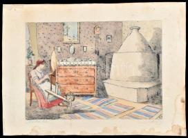 Olvashatatlan jelzéssel: A rokkánál. Akvarellel színezett rézkarc, papír, a lap széle foltos, 22,5x3...