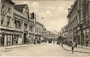 1916 Nagyszeben, Hermannstadt, Sibiu; Disznódi utca, villamos, üzletek / Heltauergasse / Strada Cisnadiei / street view, tram, shops (EK)