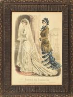 1880 Divatillusztráció esküvői ruhával a Journal des Demoiselles-ből. Színezett rotációs fametszet, papír. Jelzett a metszeten. 24x18 cm. Dekoratív, üvegezett fakeretben.