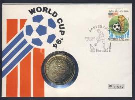 Laosz 1991. 50K Ag "Labdarúgó VB" érmés borítékon elsőnapi bélyegzős bélyeggel, hátoldali ismertető tanúsítvánnyal T:1 Csak 1700 db!