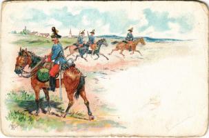 Austro-Hungarian K.u.K. military art postcard, cavarymen. litho (b)