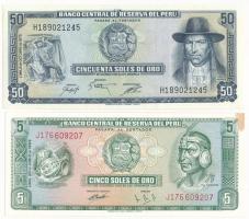 Peru 1969. 5S + 1975. 50S T:AU az egyik bankjegy sarkán folt Peru 1969. 5 Soles de Oro + 1975. 50 Soles de Oro C:AU spot on one