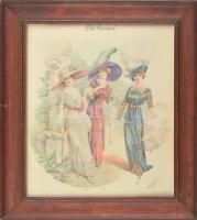 cca 1900-1910 Chic Parisien, színes női divatkép. Színezett litográfia, papír, Atelier Bachwitz kiadása. 37x31 cm. Dekoratív, üvegezett fakeretben.