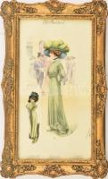 cca 1900-1910 Chic Parisien no. 133, színes női divatkép. Színezett litográfia, papír, Atelier Bachwitz kiadása. 39x21 cm. Dekoratív, üvegezett fakeretben.