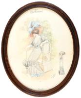 cca 1900-1910 Chic Parisien no. 142, színes női divatkép. Színezett litográfia, papír, Atelier Bachwitz kiadása. 40x33 cm. Dekoratív, üvegezett, ovális fakeretben.