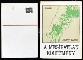 Cselényi László 2 műve, a szerző, Cselényi László (1938- ) József Attila-díjasíró, költő, újságíró, műfordító, egyetemi tanár által Bujdosó Alpár (1935-2021) költő, mérnök, a Magyar Műhely szerkesztője a magyar avantgarde kiemelkedő alakja részére DEDIKÁLT példányok.  A megírhatatlan költemény. Bratislava/Pozsony, 1990., Madách. Első kiadás. Kiadói egészvászon-kötés, kiadói papír védőborítóban. Megjelent 1150 példányban, ebből 550 példány a Szépirodalmi Könyvkiadó számára.;   Téridő-szonáta. Bratislava/Pozsony, 1984., Madách. Első kiadás. Kiadói egészvászon-kötés.;