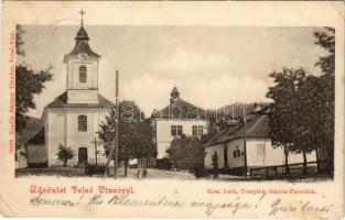 1900 Felsővisó, Viseu de Sus (Máramaros); Római katolikus templom, iskola és parókia. Bárány Tivadar kiadása / church, school and parish (EK)