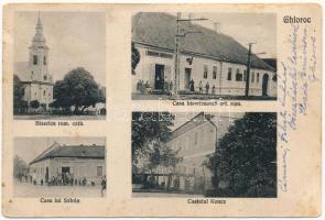 1927 Gyorok, Ghioroc; Romai katolikus templom, Mihai Schneeberger és Teodor Leucutia üzlete, Koncz kastély, Román ortodox plébánia / Biserica rom. cat., Casa bisericeasca ort. rom., Casa lui Sáfrán, Castelul Koncz / church, shops, castle, Romanian Orthodox parish (EK)