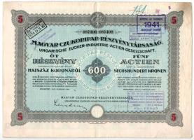 Budapest 1923. Magyar Czukoripar-Részvénytársaság 5db részvénye 600K-ról szelvényekkel, szárazpecséttel, felülbélyegzéssel T:III folt