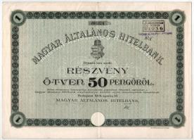 Budapest 1926. Magyar Általános Hitelbank részvénye 50P-ről, szárazpecséttel, szelvényekkel, bélyegzésekkel T:III