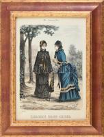 1883 Női divatok, Illustrirte Frauen-Zeitung 7. számából, színezett rotációs fametszet, papír. Lapszéli néhány apró folttal. Dekoratív, üvegezett keretben, 33×23 cm
