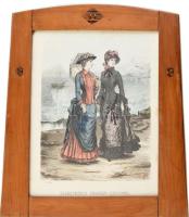 cca 1880 Női divatok, Illustrirte Frauen-Zeitungból, színezett rotációs fametszet, papír. Jelzett a metszeten. Lapszéli néhány apró folttal. Dekoratív, üvegezett keretben, 31×25 cm