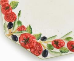 Olivás, paradicsomos mintájú mázas kerámia tányér készlet. Jelzett. hibátlan. + szalvéta tartó