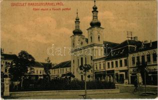 Marosvásárhely, Targu Mures; Fő tér, Kossuth park, Petelei János, Benkő Elek, Lukács János, Schuster és Csiky Emil üzlete, gyógyszertár. W.L. (?) No. 42. / main square, park, shops, pharmacy