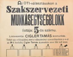 cca 1930 Munkásblokk OTI választás plakát, beszakadásokkal, 47×63 cm