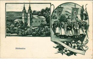 1919 Máriaradna, Mária-Radna, Radna (Lippa, Lipova); Kegytemplom, búcsú. Csauscher József kiadása / church, pilgrimage procession. Art Nouveau, floral (EK)