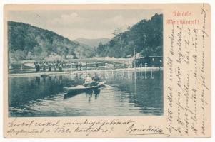 1900 Menyháza, Monyásza, Moneasa; vasút a tó mellett, gőzmozdony, vonat, kisvasút / railway next to the lake, locomotive, train (EK)