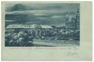 1899 (Vorläufer) Nagyvárad, Oradea; Püspöki palota és székesegyház este télen. Sonnenfeld Adolf kiadása / bishops palace and cathedral at night in winter (EK) + SZOMBATHELY P. UDV. ÉJJEL