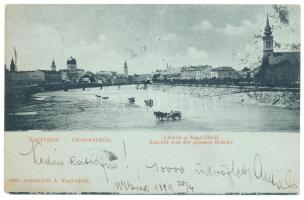 1899 (Vorläufer) Nagyvárad, Oradea; Látkép a Nagyhídról, kiapadt Körös, zsinagóga, este. Sonnenfeld A. kiadása / synagogue, dried up Cris river, night (EK)