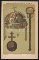 cca 1900 Magyar korona és koronázási jelvények, magyar koronázási palást, össz. 2 db színes illusztr...