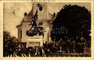1935 Hajmáskér, Hősök szobrának leleplezése, ünnepség darutollas leventékkel. Vitéz Sófalvy Károly kiadása (ragasztónyom / glue mark)