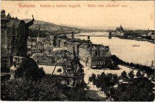 1912 Budapest I. Kilátás a Gellért-hegyről, Szent Gellért szobor, Döbrentei tér, Purgo üzlet, Tabáni bor és sörcsarnok, Lánchíd. Taussig A. 12295. (EK)