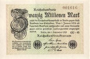 Német Birodalom / Weimari Köztársaság 1923. 20.000.000M (2x) "Gitter mit 8" vízjellel, egy...