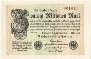 Német Birodalom / Weimari Köztársaság 1923. 20.000.000M (3x) "Gitter mit 8" vízjellel, egymás utáni sorszámokkal T:I