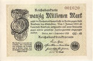 Német Birodalom / Weimari Köztársaság 1923. 20.000.000M (4x) "Gitter mit 8" vízjellel, egymás utáni sorszámokkal T:I