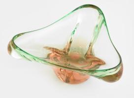 Chribska cseh művészi üveg tál / asztaldísz. Terv: Josef Hospodka, zöld, lazac, kézzel készített üveg. Jelzés nélkül: Bohémia, hibátlan, d: 27 cm