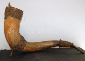 XIX. sz vége szaru díszkürt réz sárkány díszítéssel hossza: 85 cm / Bone horn with copper dragon ornaments