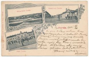 1901 Torda, Turda; Bánya fürdő, postahivatal, Fő tér, Amberboj Miklós, Harmath J. és Ch. Gusztáv üzlete. Füssy és Sztupjár kiadása / mine spa, post office, main square, shops. Art Nouveau, floral (EK)